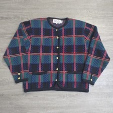 Vintage Tally Ho Cardigan Sweater Womens Tartan Green Red Plaid Long Sleeve