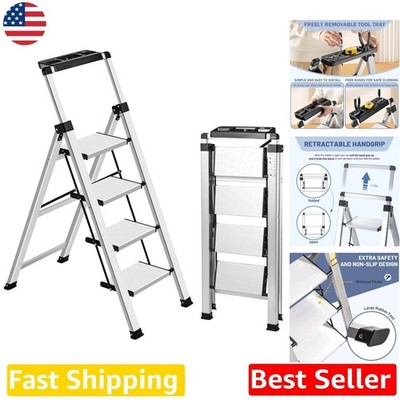 Professional 4-Step Household Ladder - Retractable Handgrip, Anti-Slip Steps