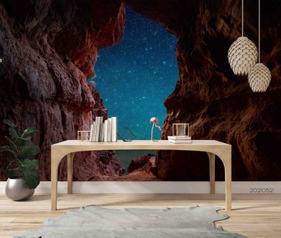 3D Cave Rocks Starry Sky Night Scene Wall Murals Wallpaper Murals Wall Sticker