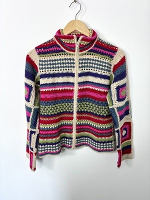 Vintage Y2K Next Strickjacke UK 8 10 100% Wolle Mehrfarbig Granny Square Häkel