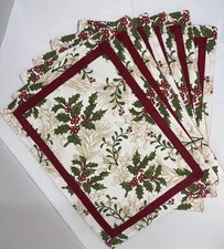 Vintage Christmas Table Place Mats Holly & Tartan Plaid 2 Sided Fabric Set Of 6
