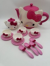 Sanrio Hello Kitty Tea Set Kids Teapot Cups Saucers Spoons Pink Plates Bow Toy