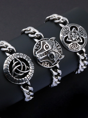 #ad Bracelet Viking Rune Wolf Stainless Steel Men#x27;s Medieval Accessories $19.73