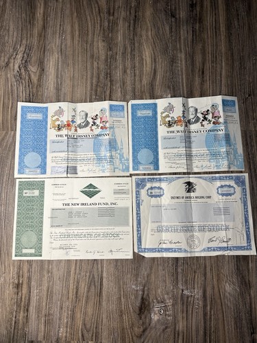 Lot of 4 Vintage Stock Certificates - Walt Disney Company, New Ireland Fund
