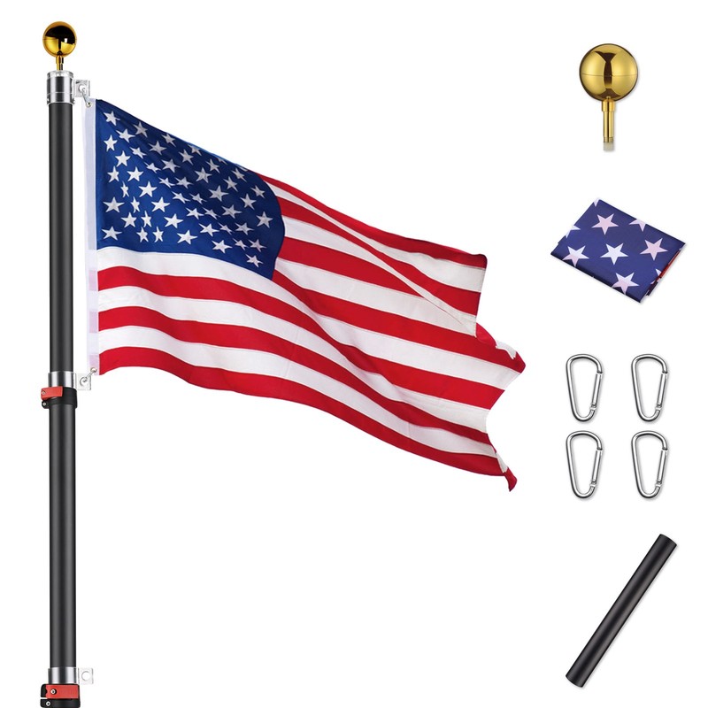 30ft Black Aluminum Telescopic Flagpole Kit Gold Ball Top Fly 2 Flags