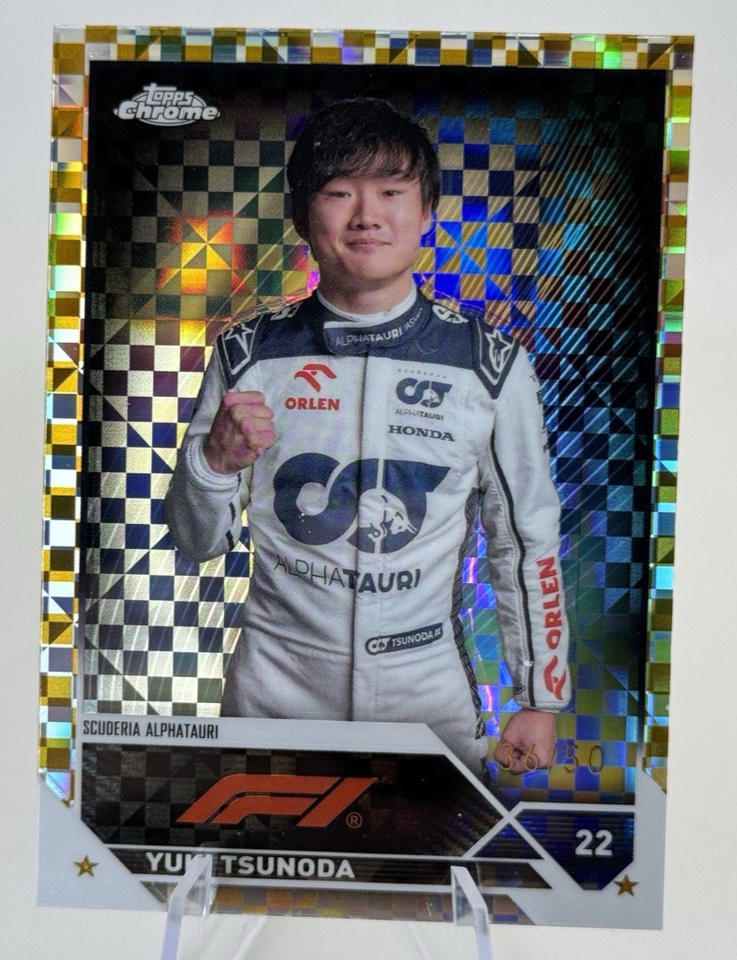 2023 Topps Chrome Formula 1 F1 Yuki Tsunoda #55 Gold Checker Flag /50 Portrait