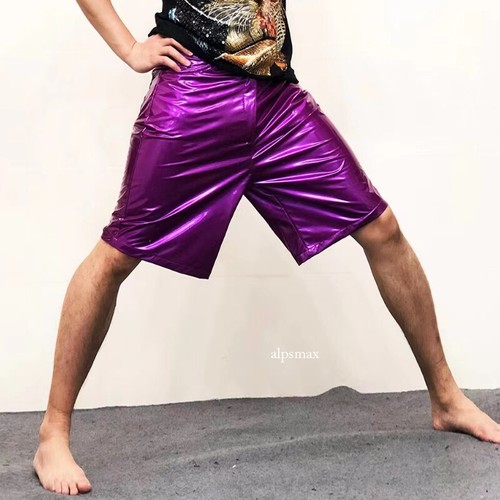 Men Faux Leather Loose Shorts Shiny Metallic Wet Look Half Pants Punk Trousers - Picture 20 of 34