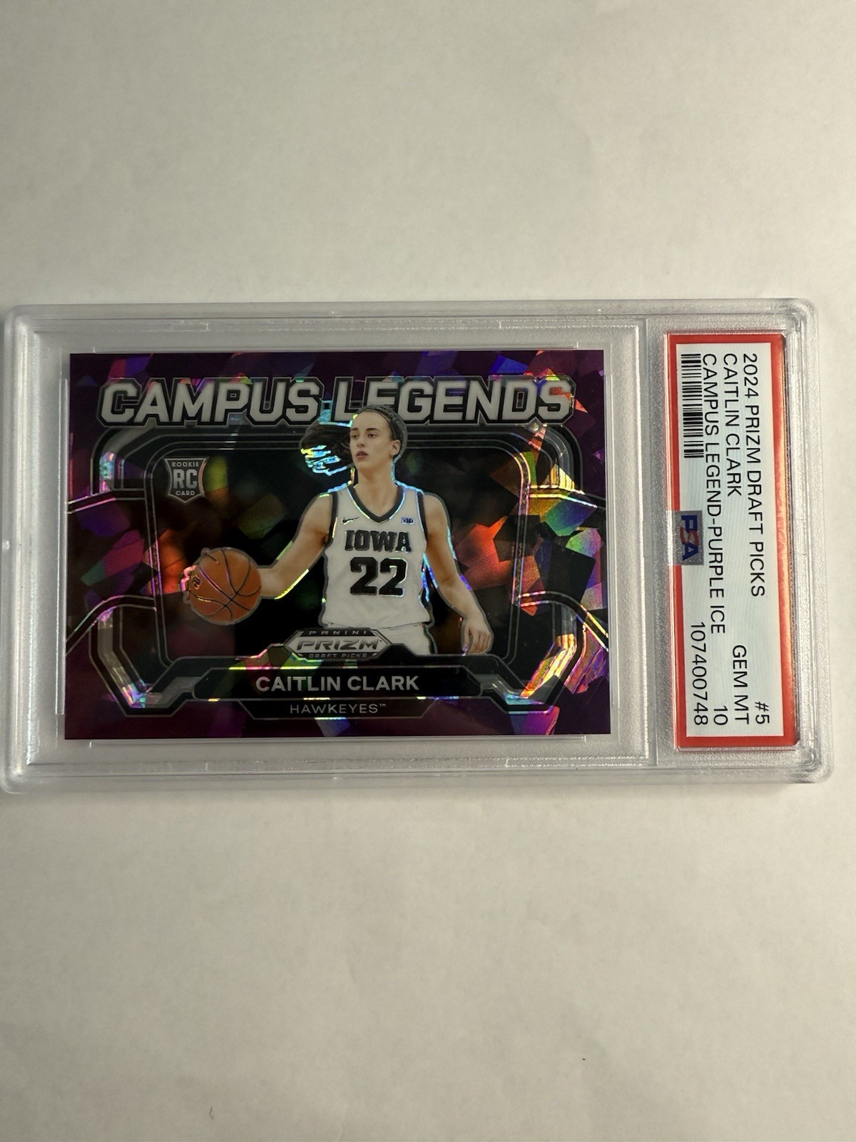 Caitlin Clark 2024 Prizm Draft Picks Campus Legends Purple Ice #/149 RC PSA 10