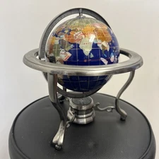 14" Tall Blue Lapis Ocean Gemstone Globe & Tripod Gold Stand & Compass