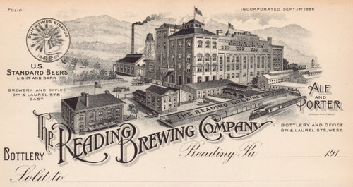 1910 Reading Brewing Company Reading PA Brewery Billhead Order Form BH2-38