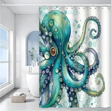Octopus Shower Curtain Blue Green Ocean Kraken Nautical Funny Kids Bathroom