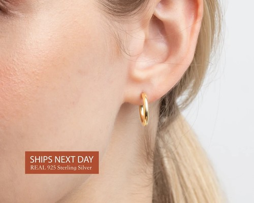 925 Sterling Silver Yellow Gold 20mm French Lock Hoop Earrings For Men and Women - Picture 3 of 8