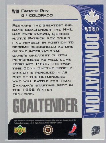 * 1997-98 Collector's Choice - World Domination #W18 - PATRICK ROY (g) - Picture 2 of 2