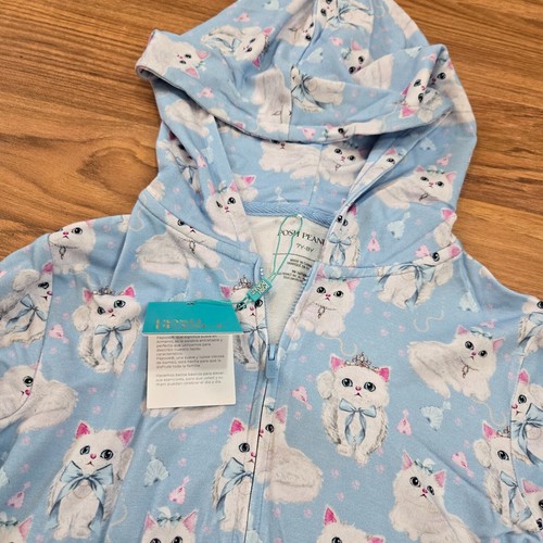 POSH PEANUT sz 7Y/8Y Dixie Kitty Blue Hoodie Zip front Jacket Cat Bamboo NEW - Picture 3 of 11