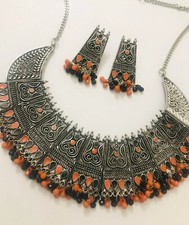 Indian Ethnic Oxidised Silver Orange Black Beads Tribal Choker  Earrings Set