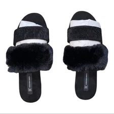 INC Double Band Black Faux Fur Slippers Slides Women's Medium 7-8 NWT
