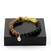 Armband Opal Gelb Australien + Perlen Schwarz Onyx Matt + Holz 8 Mm. Made In E