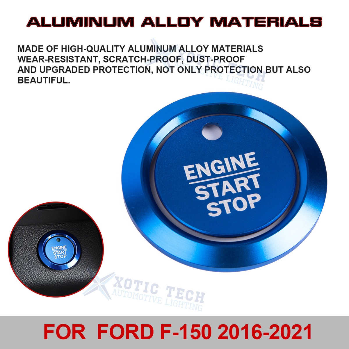 Xotic Tech Sporty Blue Aluminum Ignition Start Stop Button Cover Trim For Ford F-150 2016-2021