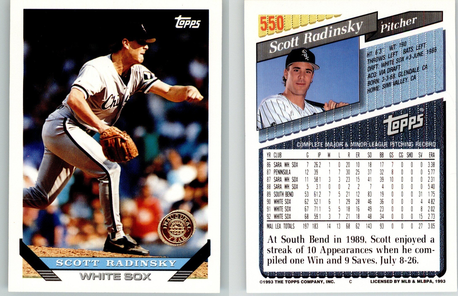 Scott Radinsky 1993 Topps Inaugural Rockies Stamped #550 White Sox