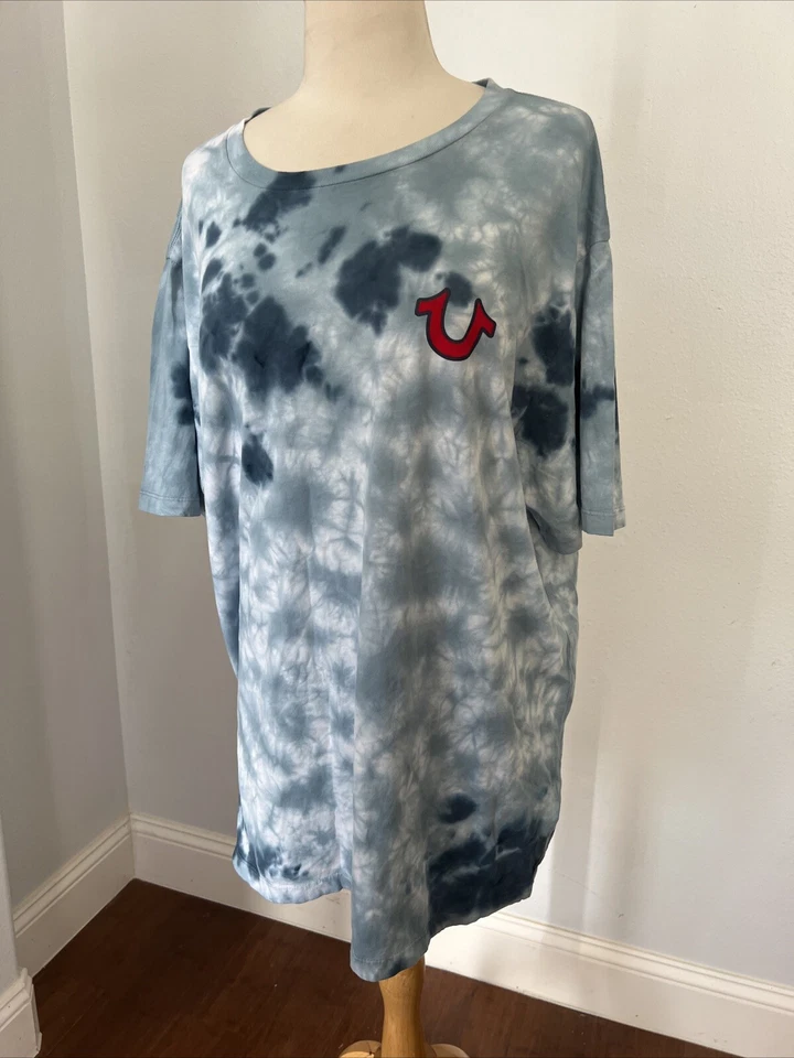 True Religion T Shirt Mens 2 Extra Large Buddha Blue Tie Dye World Tour Y2K - Image 3 of 4
