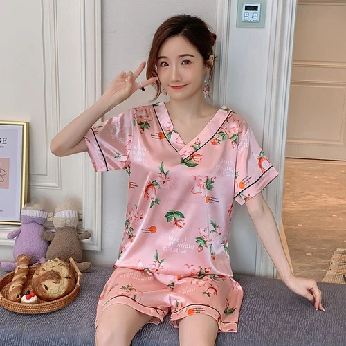 Damen Seide Satin Pyjama Set Kurzarm Nachtwäsche V-Ausschnitt Homewear 2-teilig Pyjama - Bild 47 von 60