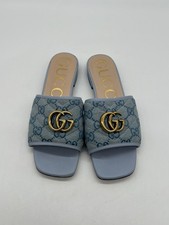 Gucci Marmont Jolie Women Sz 37 US 7 Light Blue Canvas GG Monogram Slide Sandals