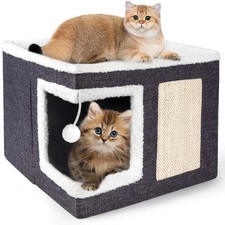 Cat Houses for Indoor Cats - Large Cat Bed Cave with Scratch Pad and Fluffy Ball
