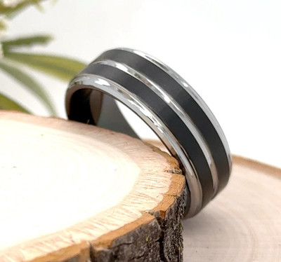 8mm Silver & Black Tungsten Ring Polished Brushed Finish Band For Christmas Gift