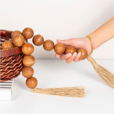 Extra Large Wood Bead Garland Brown with 1.6" Diameter Wooden Beads and Tassels,
