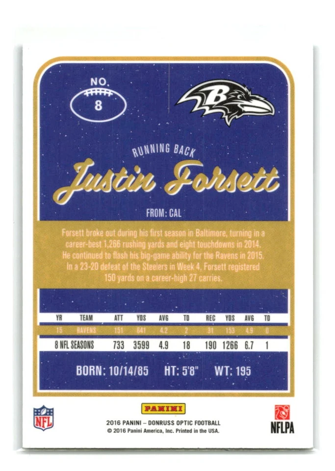 Justin Forsett - 2016 Donruss Optic #8 Holo - Baltimore Ravens - Image 2 of 2