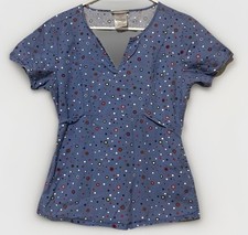 Women XS Floral Scrub Top Cotton Purple V Neck Drawstring Rear Tie Fresh Scrubs