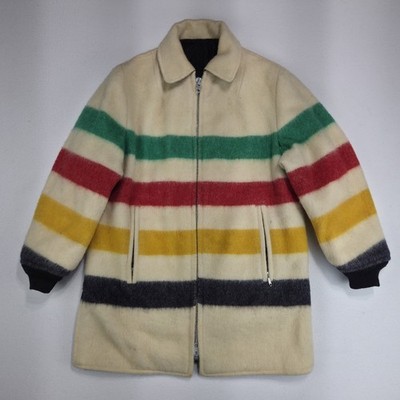 Vintage 60s Hudson Bay Wool Point Blanket Coat Jacket Lightning Zipper Large L