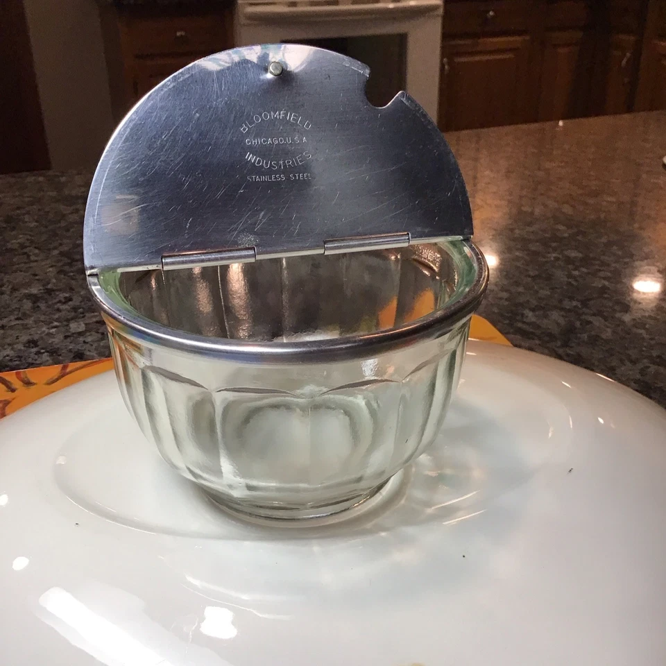 Cuenco de azúcar vintage 1950 Bloomfield Glass Diner acero inoxidable tapa abatible agujero de cuchara Foto 4 de 4