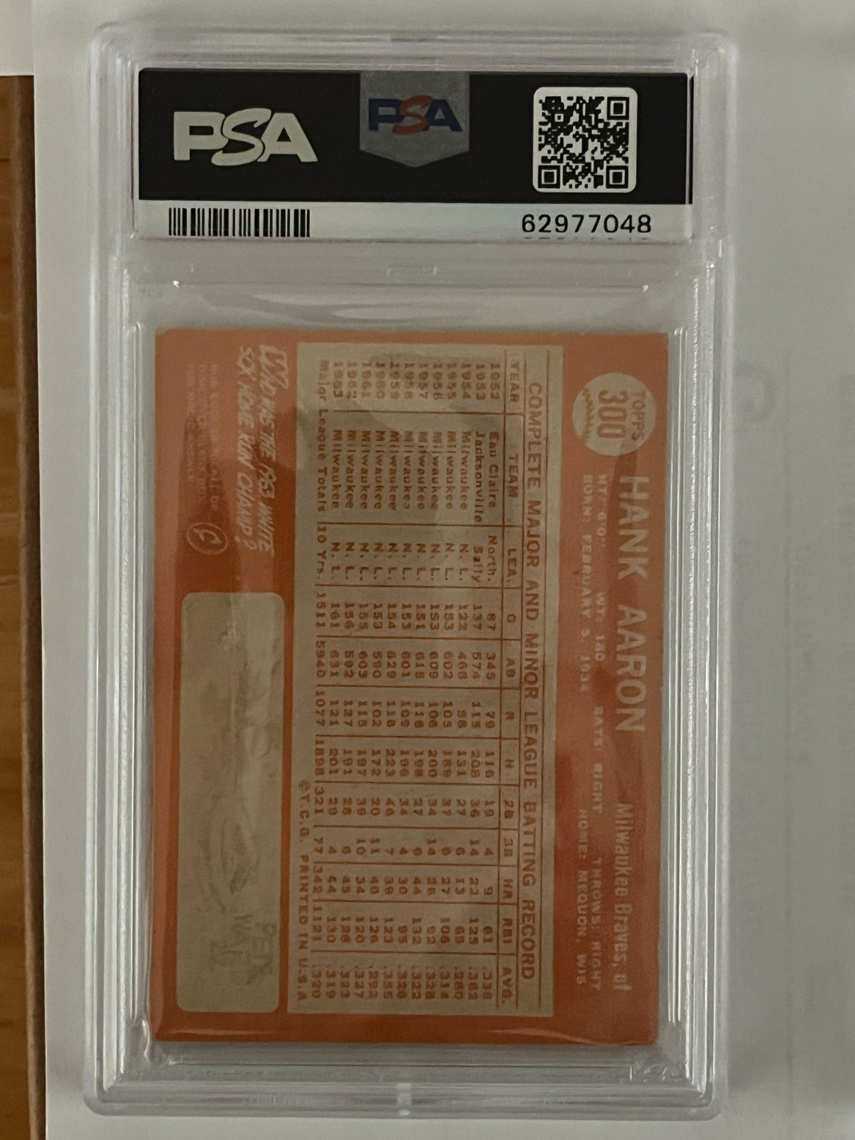 1964 TOPPS #300 HANK AARON ATLANTA BRAVES PSA 2 GOOD GREAT COLOR/IMAGE view 2
