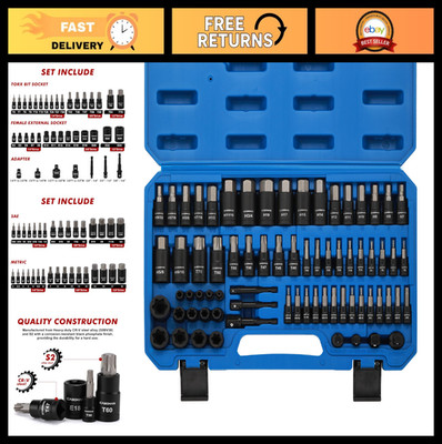 71-Piece Hex & Torx Bit Socket Set, 1/4'' 3/8'' 1/2'' Drive, Metric/SAE, E-Torx, St