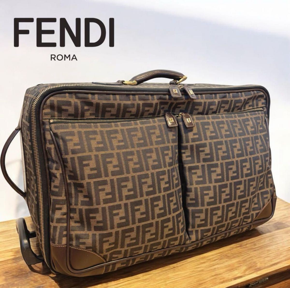 Vintage FENDI Zucca print 2-wheel rolling suitcase spacious travel case