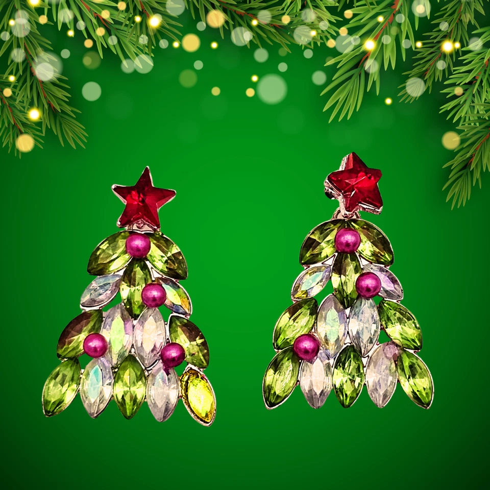 Betsey Johnson Christmas Tree Earrings Multicolor Rhinestone Red Star Topper - Image 3 of 4