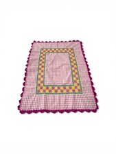 Vintage Pink Gingham Embroidered Table Topper Crochet Trim 33x25 Farmhouse Cotta