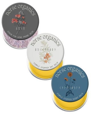 Norse Organics 3-Step Acne System: Day Glow, Night Balm, Face Scrub w/ Arctic He
