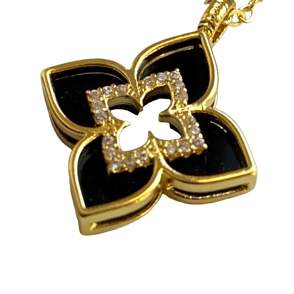 Collar de imitación de ónix esmalte negro y colgante de flores de cristal para hombre y mujer NUEVO Foto 2 de 4