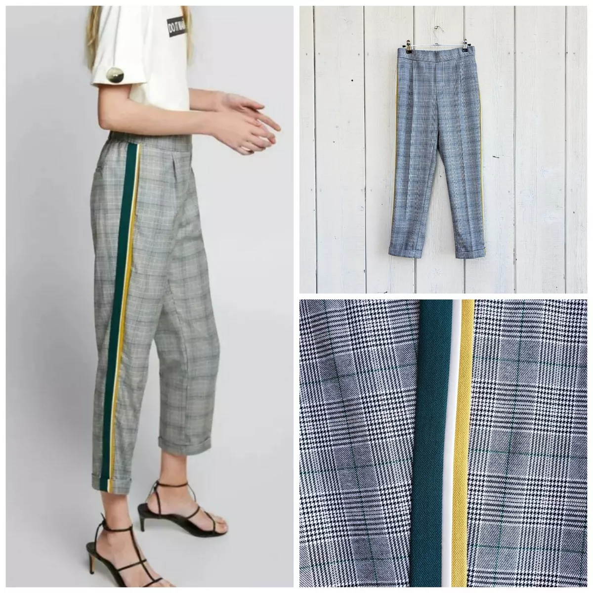 Zara Trafaluc Black White Check Trousers Green Yellow Stripe Chino Pants  Size XS