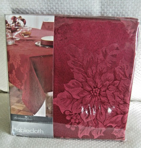 NEW Damask Tablecloth Red Christmas Holiday Floral Poinsettia 60" X 104" Oblong - Picture 3 of 6