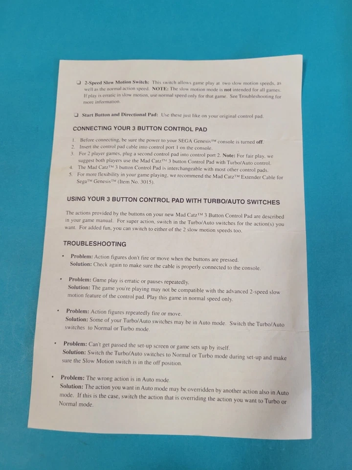 MAD CATZ 3 Button Auto/Turbo Fire & Slow Mo Controller Sega Genesis Instructions - Image 2 of 2
