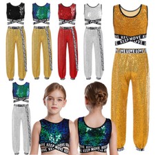Girl Costume Party Outfit Disco Set Sports Dancewear 2 Piece Sparkly Crisscross