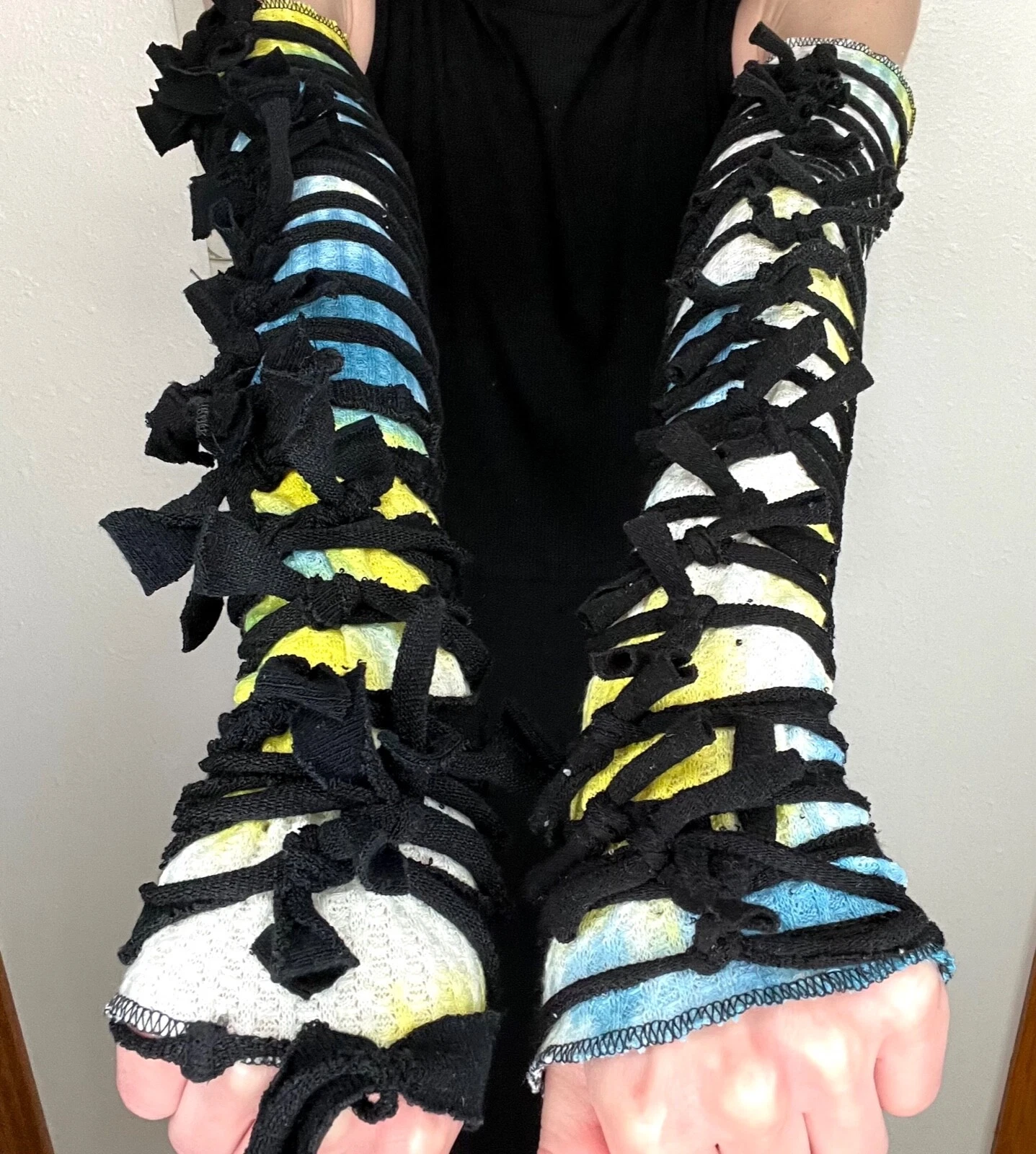 Mummy Bandage Gloves Blue Tie Dye Lace Up Arm Warmers Festival Rave Ripped Knot