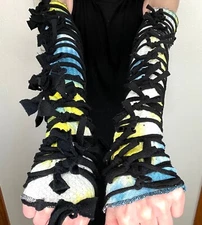 Mummy Bandage Gloves Blue Tie Dye Lace Up Arm Warmers Festival Rave Ripped Knot