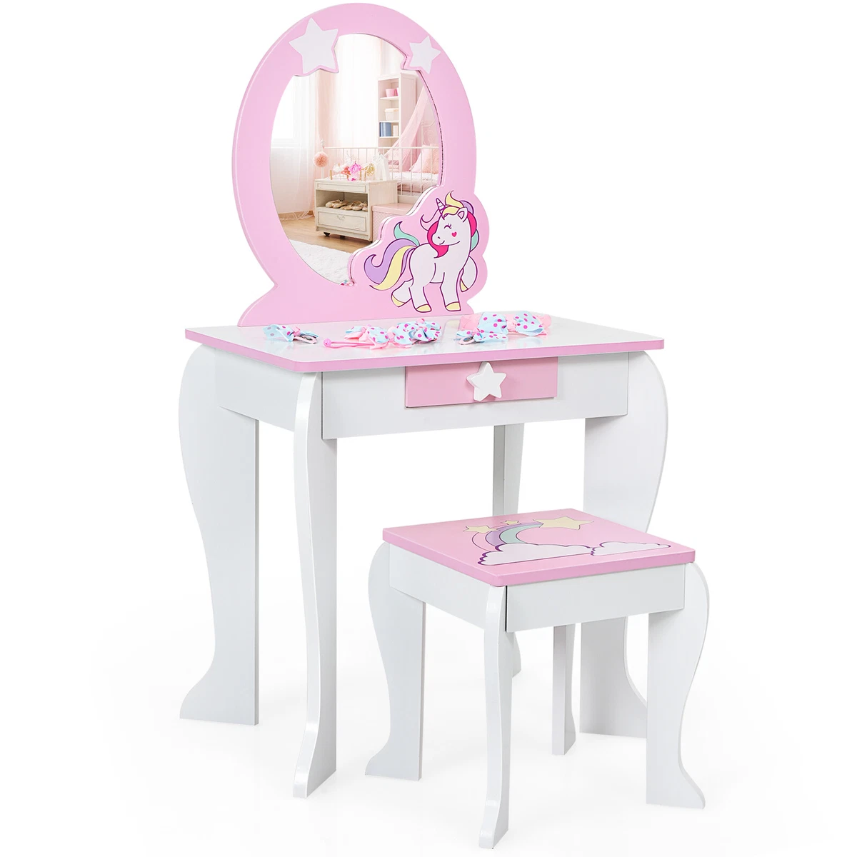 Kids Vanity Table Stool Set Princess Unicorn Makeup Dressing Table Mirror Drawer