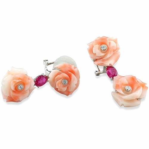 Orecchini Corallo Rubini Diamanti Rose - Fiori Oro Bianco 750 Corallo Gioielli