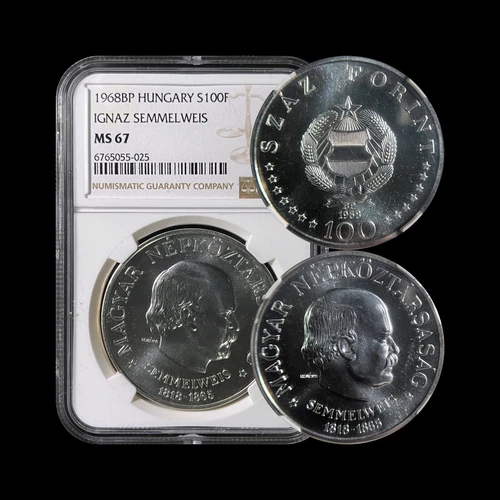 HUNGARY. 1968, 100 Forint, Silver - NGC MS67 - Top Pop 🥇 Semmelweis, RARE