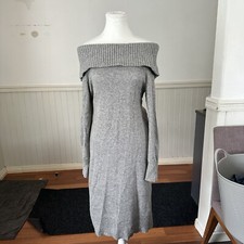 Off Shoulder Midi Knit Dress In Grey Size L